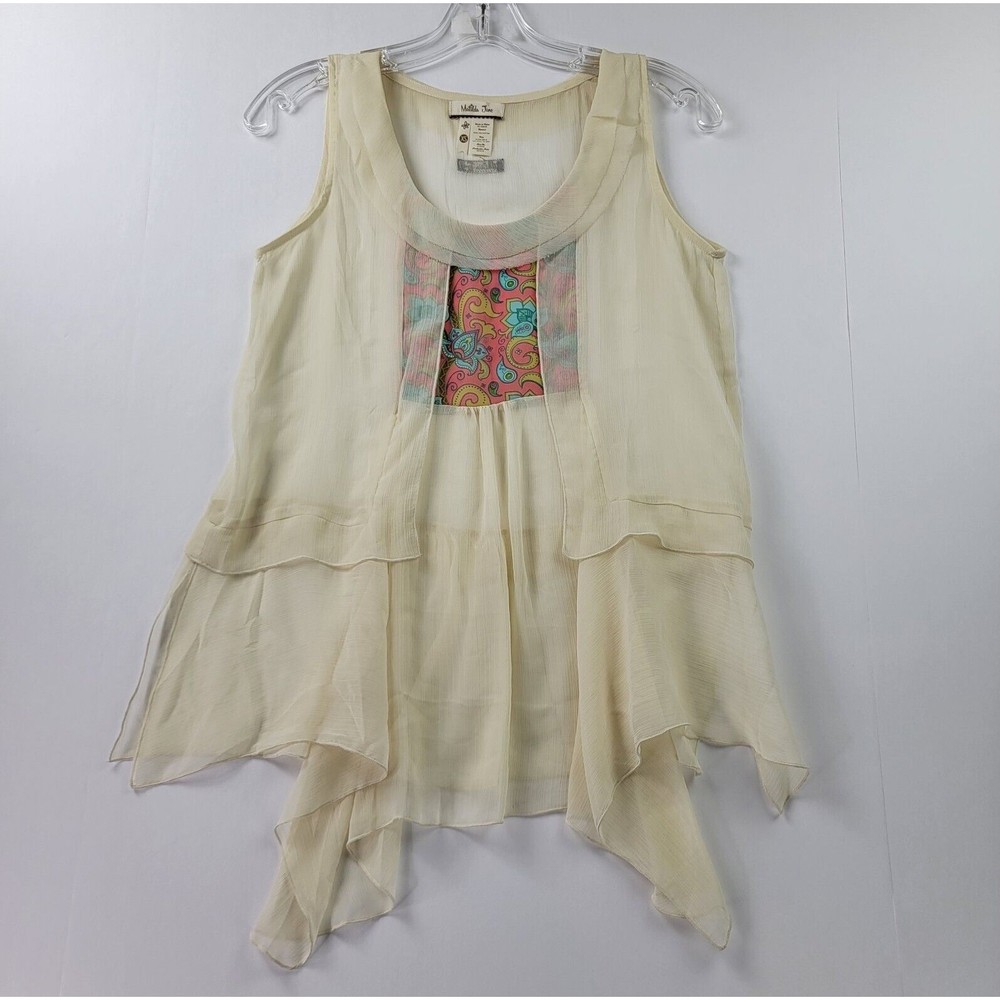 MATILDA JANE Blouse XS Cream Color Sheer Tunic Side Slits Asymmetric Hem